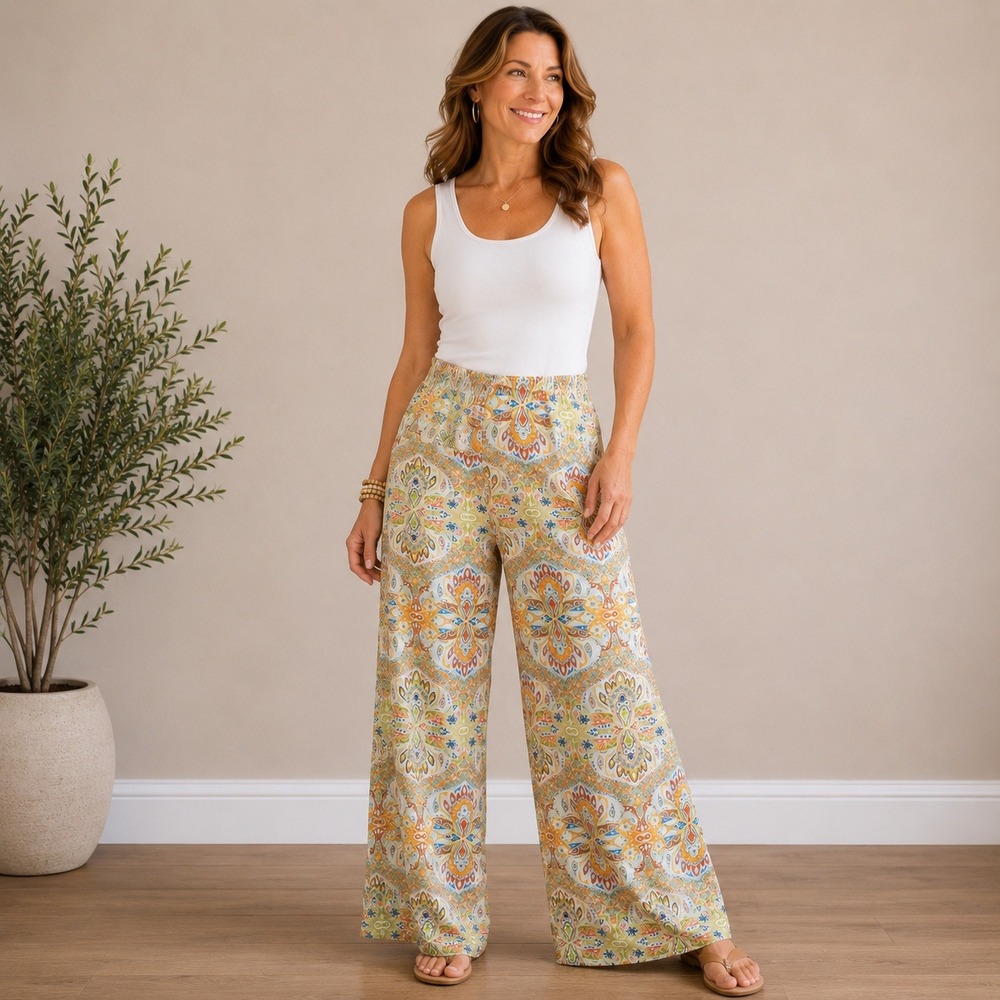 Sunny Leigh Womens XL Wide Leg Medallion Print Elastic Waist Pants Multicolor